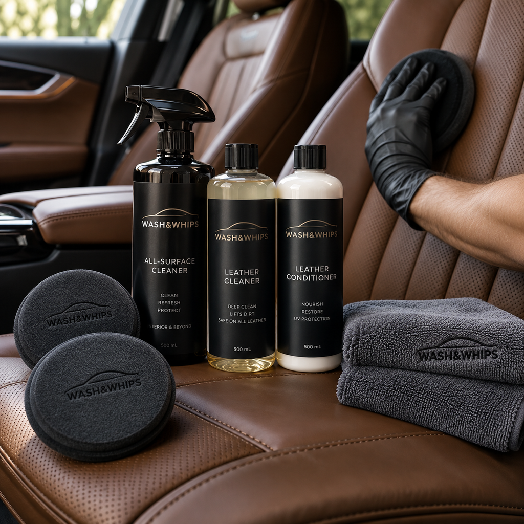 Leather care detailing products and applicators shown inside a vehicle interior